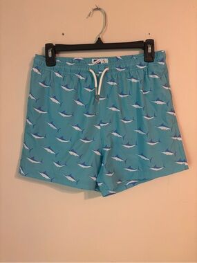 Bermies Small Swim Trunks Blue Marlin Fish Print Board Shorts 3.5"